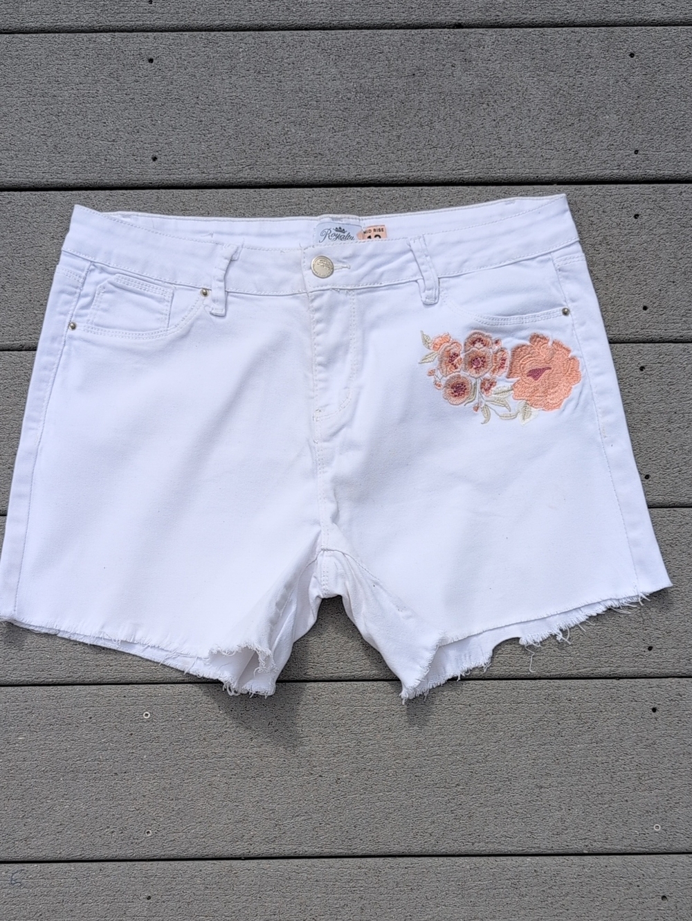 Royalty For Me White Denim Shorts with Peach Floral Embroidery